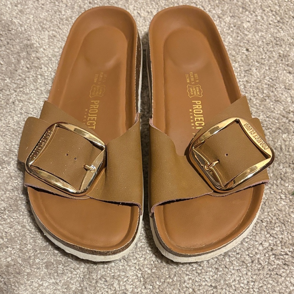 Project cloud Brown Slide Sandals with Gold Buckle